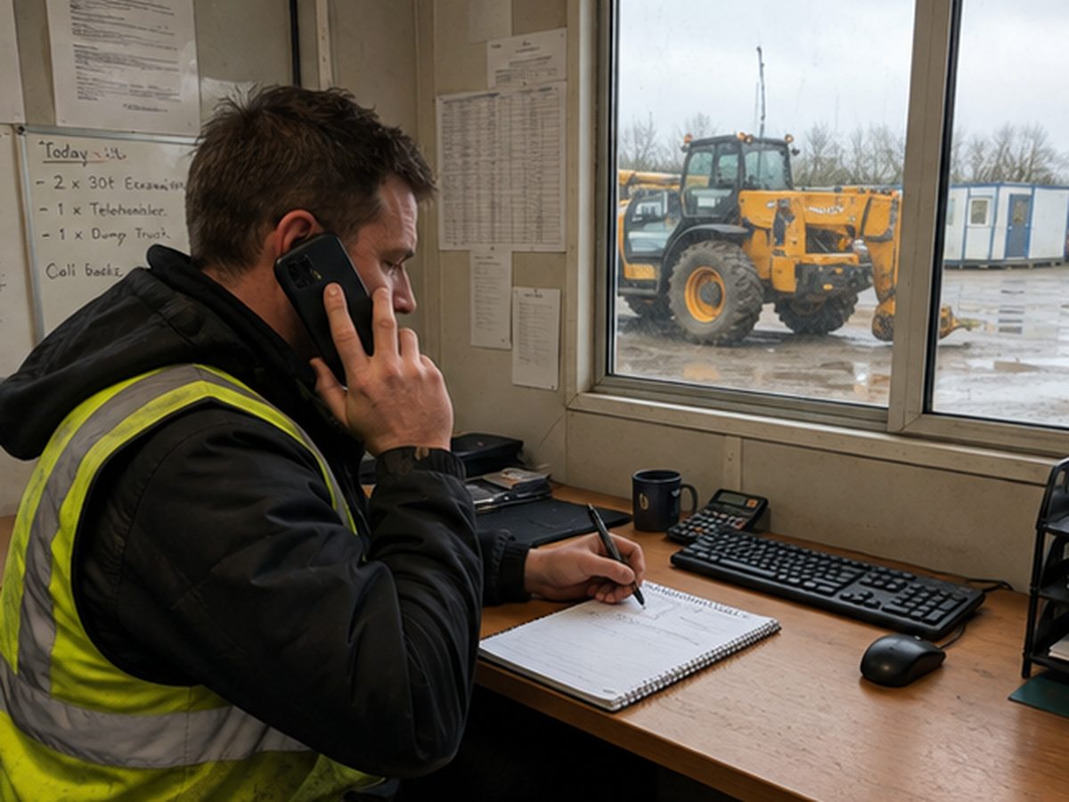 Plant buyer on the phone in a site office, telehandler outside the window